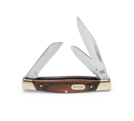 Buck Knives | 373 Trio Knife | Woodgrain with nickel silver bolsters | Pocket Clip | Folding Knife | Hunting, Camping and Outdoors | Lifetime Warranty | Heat Treated | Woodgrain Handle | 0373BRS-B