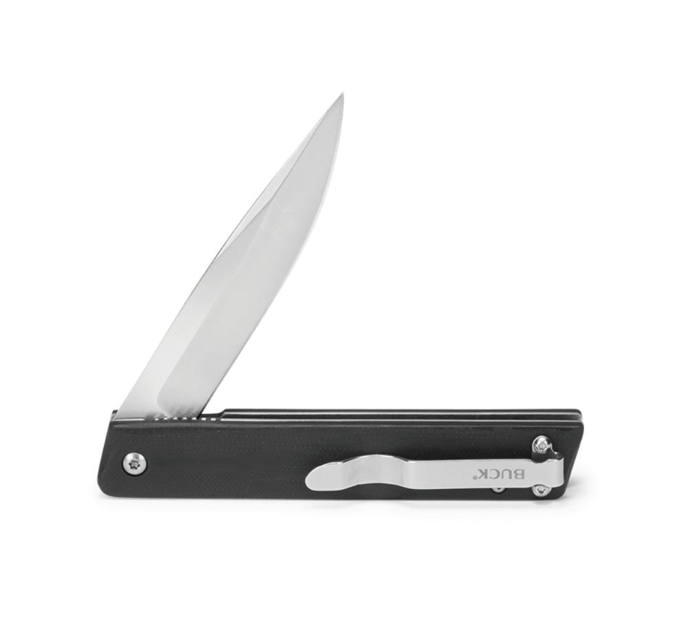 Buck Knives | 256 Decatur Knife | Stainless Steel Pocket Clip | Folding Knife | Hunting, Camping and Outdoors | Lifetime Warranty | Heat Treated | Black G10 | 0256BKS-B