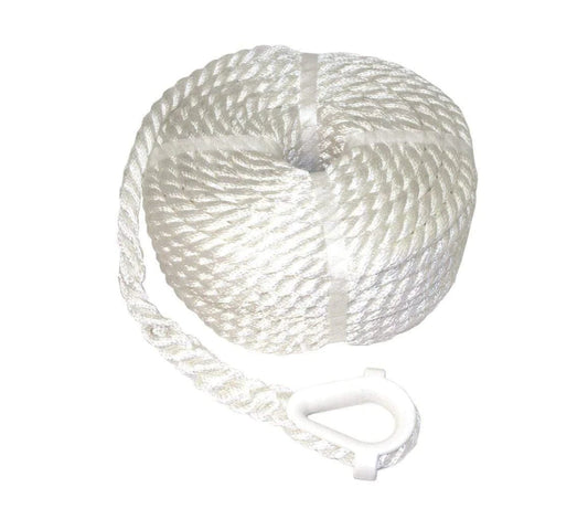 150' Tri-Strand Nylon Twisted Anchor Line WITH Thimble (White)
