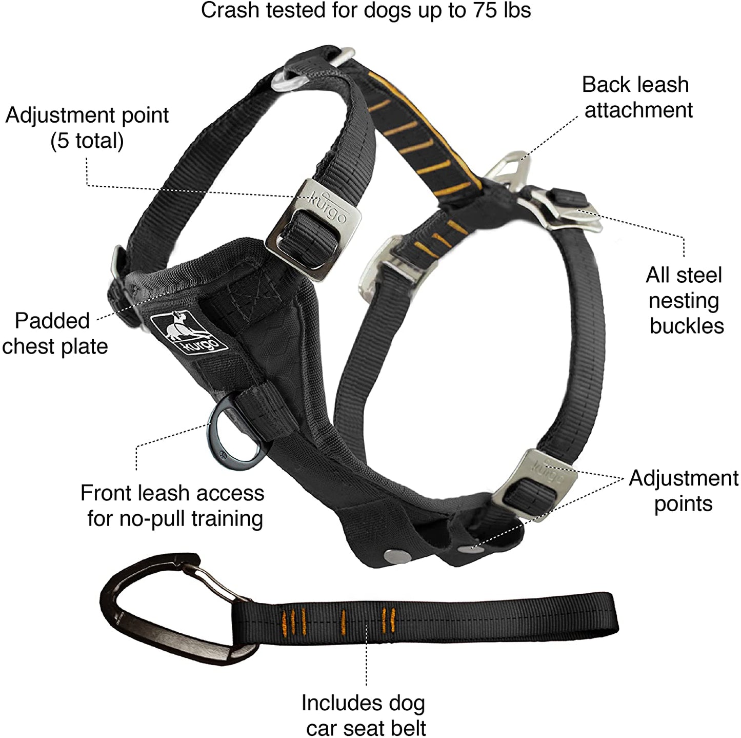 KURGO Enhanced Strength Tru-Fit Smart Harness w/seatbelt tether -Black 80-110 lbs - XL