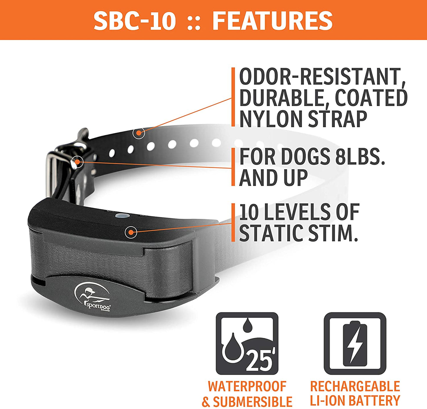 SportDOG Brand NoBark 10 Collar - Rechargeable, Programmable Bark Collar - Waterproof & Submersible, Black - SBC-10